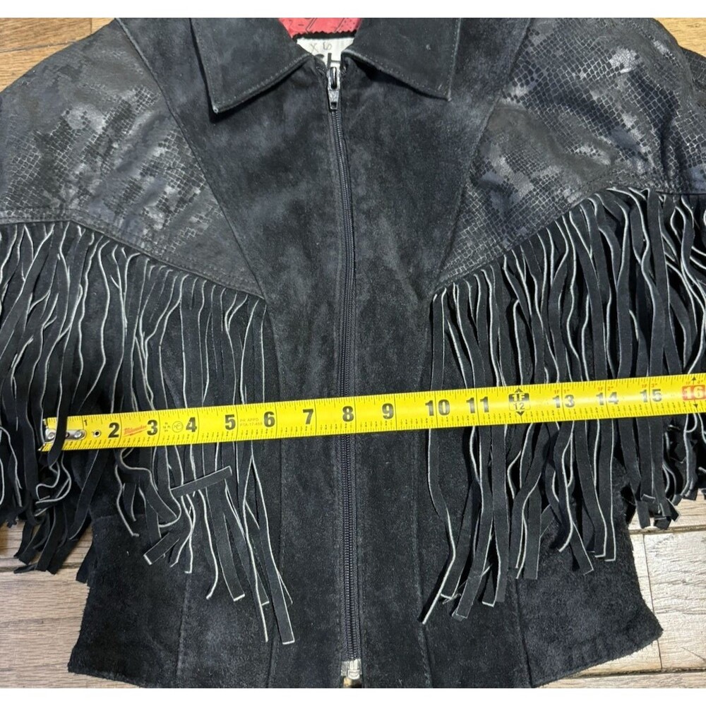 Vintage Chia Leather Jacket Womens Small Black Fringe Western Cowgirl Nashville - Picture 5 of 12